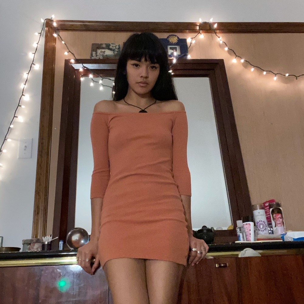 Peach ribbed off the shoulder mini dress